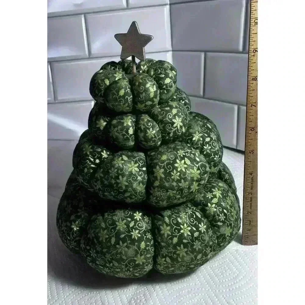 Christmas Tree Handmade Green And Gold Stuffed Fabric Table Top Decoration